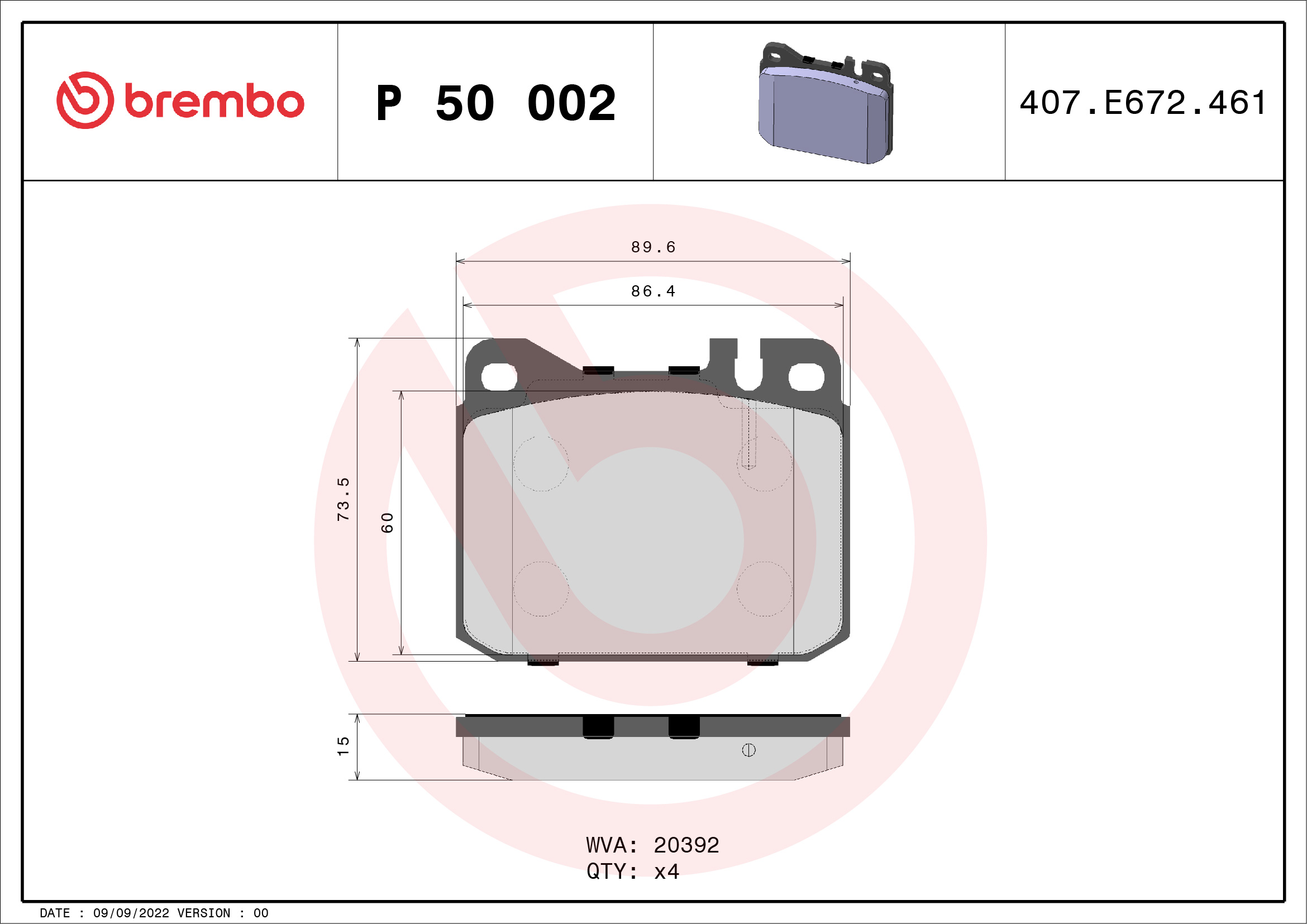 A.B.S. P 50 002 BREMBO Bremsbelagsatz, Scheibenbremse